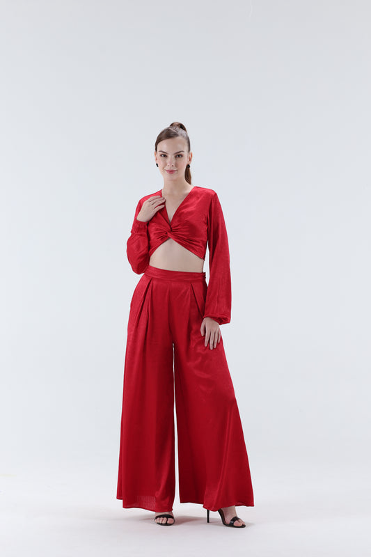 Renne Knotted Top & Flared Pants - Red