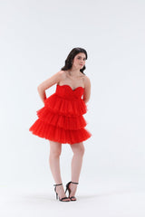Estella 3 tier Mini Dress - Red - Xaya