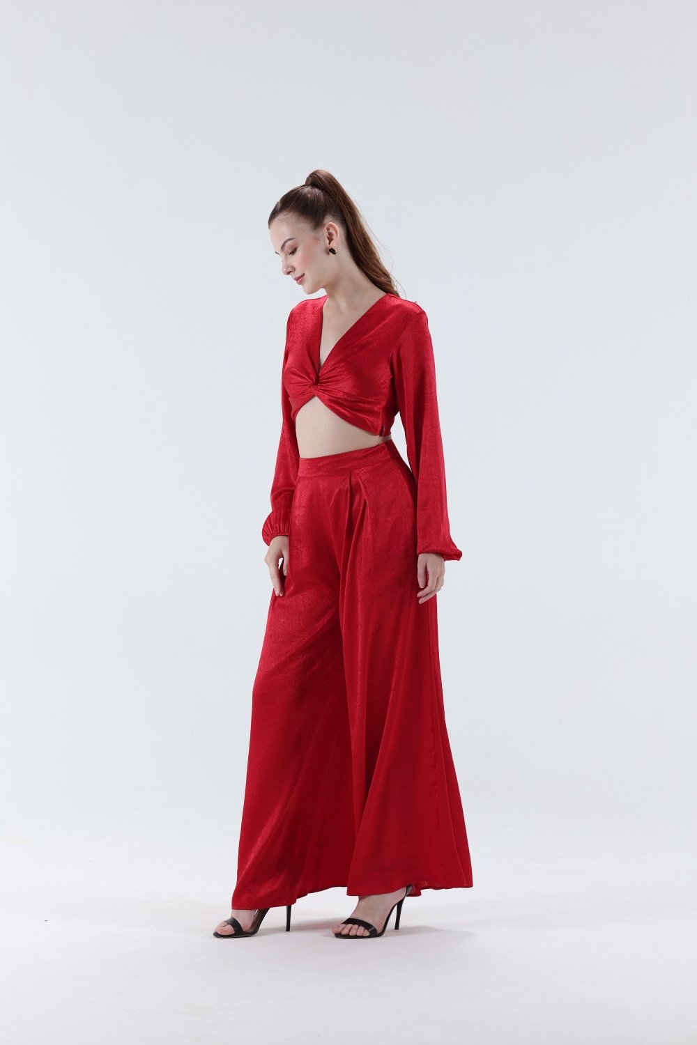 Renne Knotted Top & Flared Pants - Red - Xaya