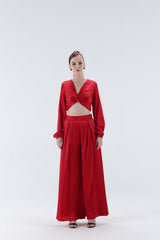 Renne Knotted Top & Flared Pants - Red - Xaya