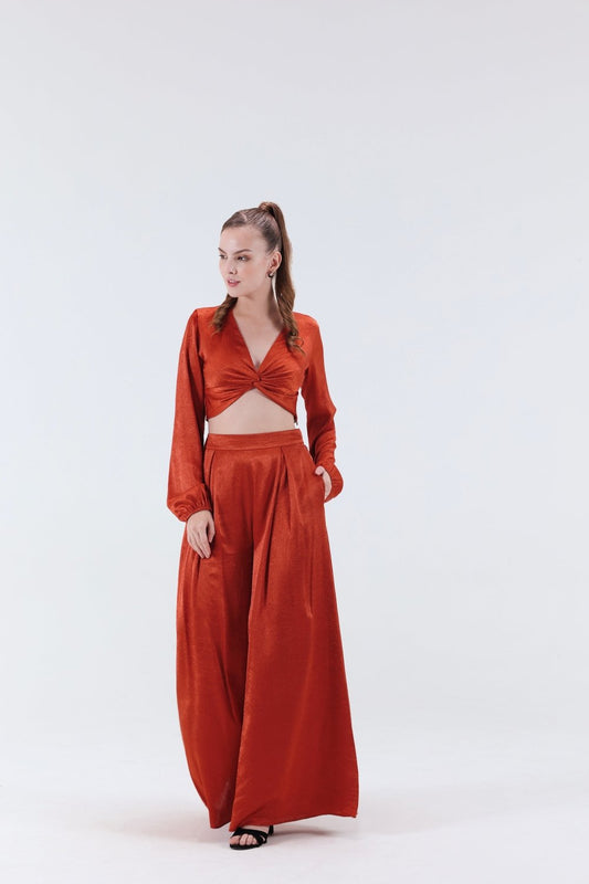 Renne Knotted Top & Flared Pants - Rust - Xaya